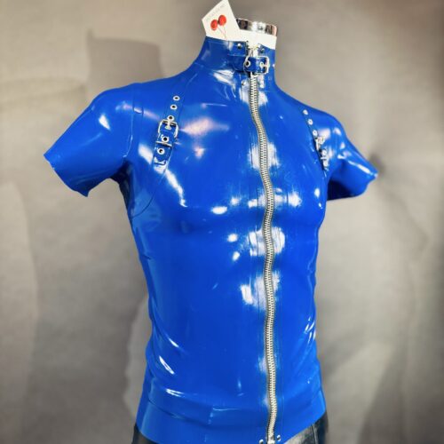 Latex shirt 3 mouwen, zip en gespen. Blauw