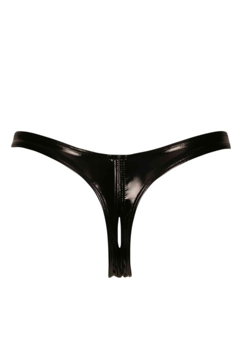 Annabelle black vinyl crotchless thong Patrice Catanzaro